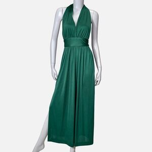 VTG 70s Joy Stevens California XS Emerald Green Halter Maxi Dress Disco Glam